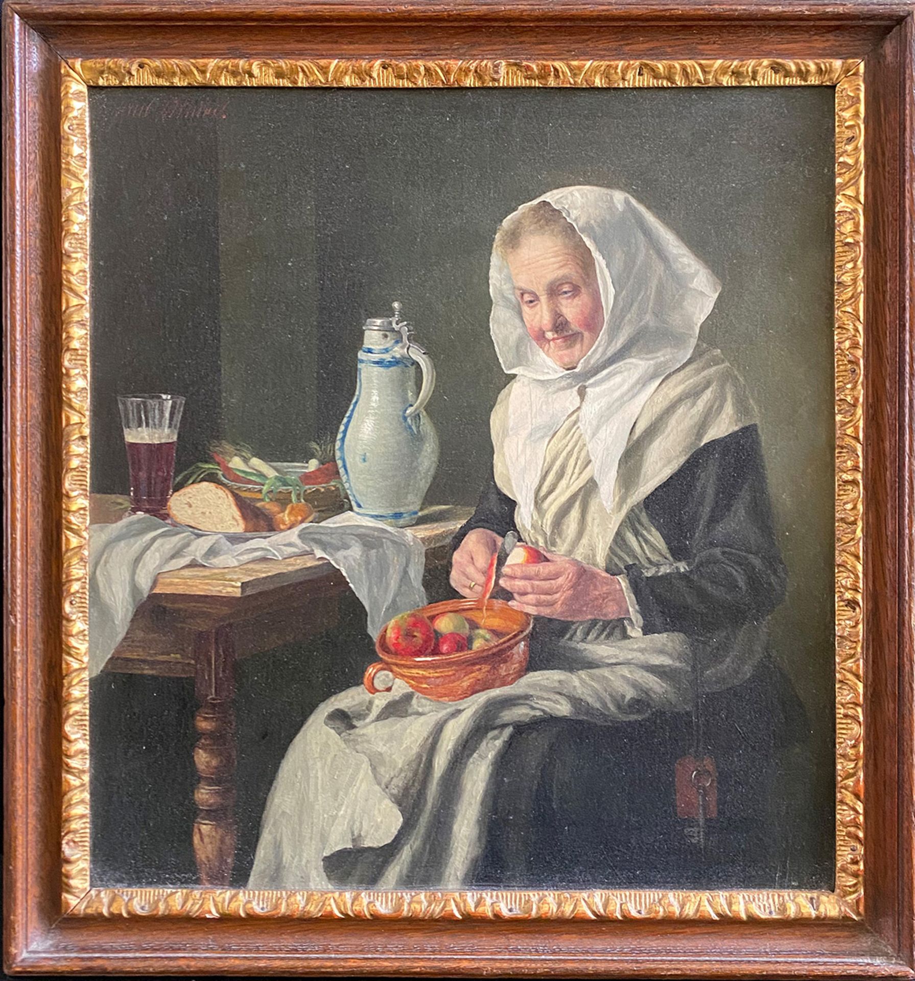 Hans Almer, 1. Hälfte 20. Jh., Alte Frau in einer Stube beim Äpfel schälen, neben ihr auf einem - Bild 4 aus 5
