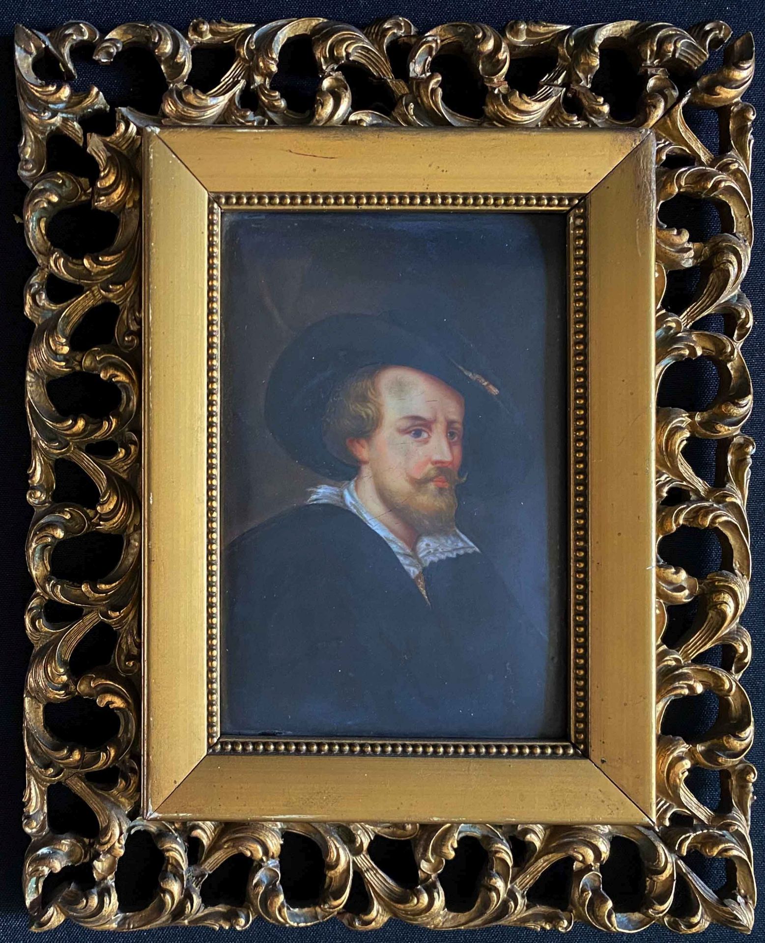 Porzellanbild, Herrenportrait nach dem Selbstportrait von Peter Paul Rubens, rücks. bez. "den 7.