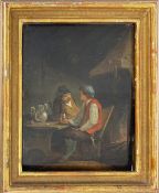 Genreszene, niederländisch, 17./18. Jh., zwei Bauern an einem Tisch vor einem Kamin sitzend, Öl/