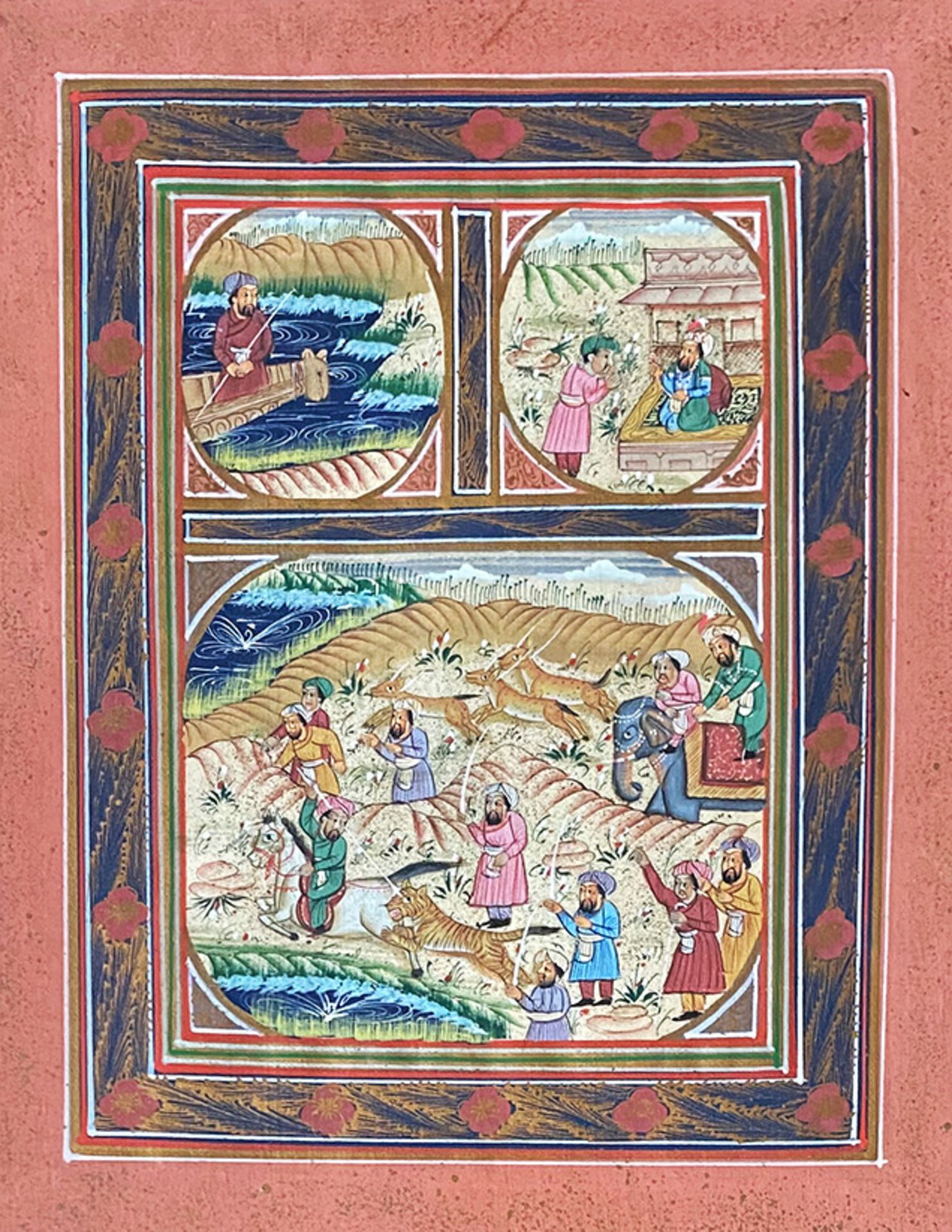 Zwei orientalische Miniaturmalereien, wohl Indien, Gouache auf Stoff: vielfigurige Tiger-Jagdszene - Bild 2 aus 5