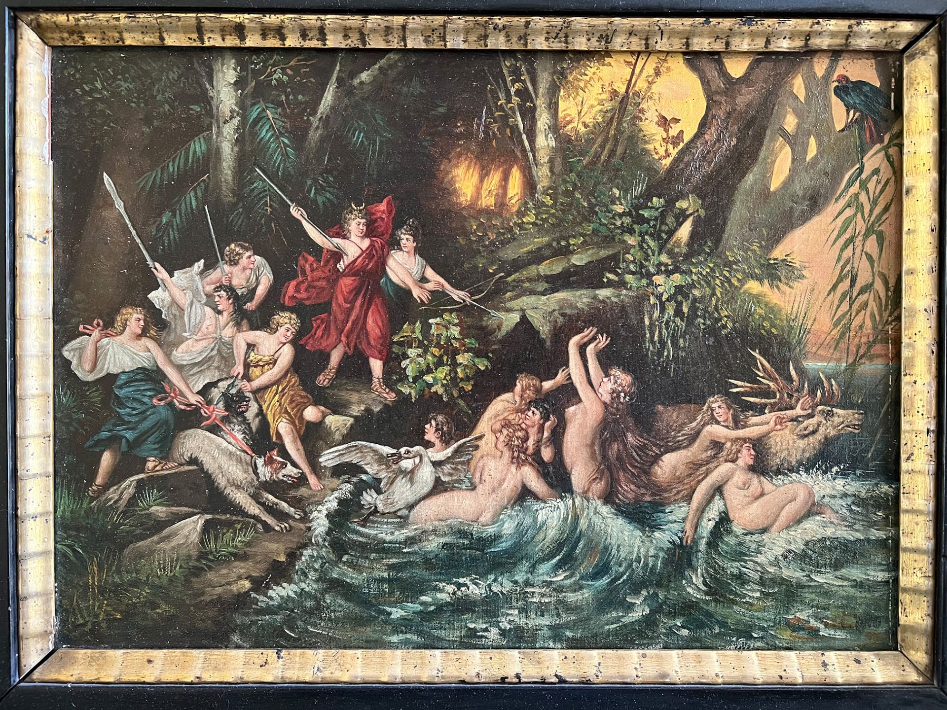Unbekannter Künstler, 19. Jh., Jagdgöttin Diana mit ihren Gefährtinnen, Wild und Hunden am See,