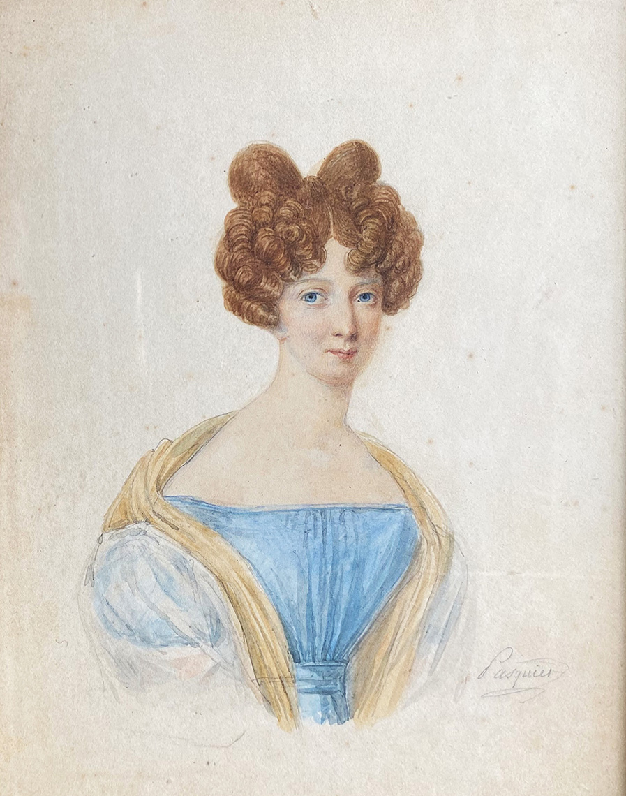 Paar Biedermeierportraits, 1830/40, junger Herr in schwarzem Jackett und Dame in hellblauem Kleid - Image 6 of 8