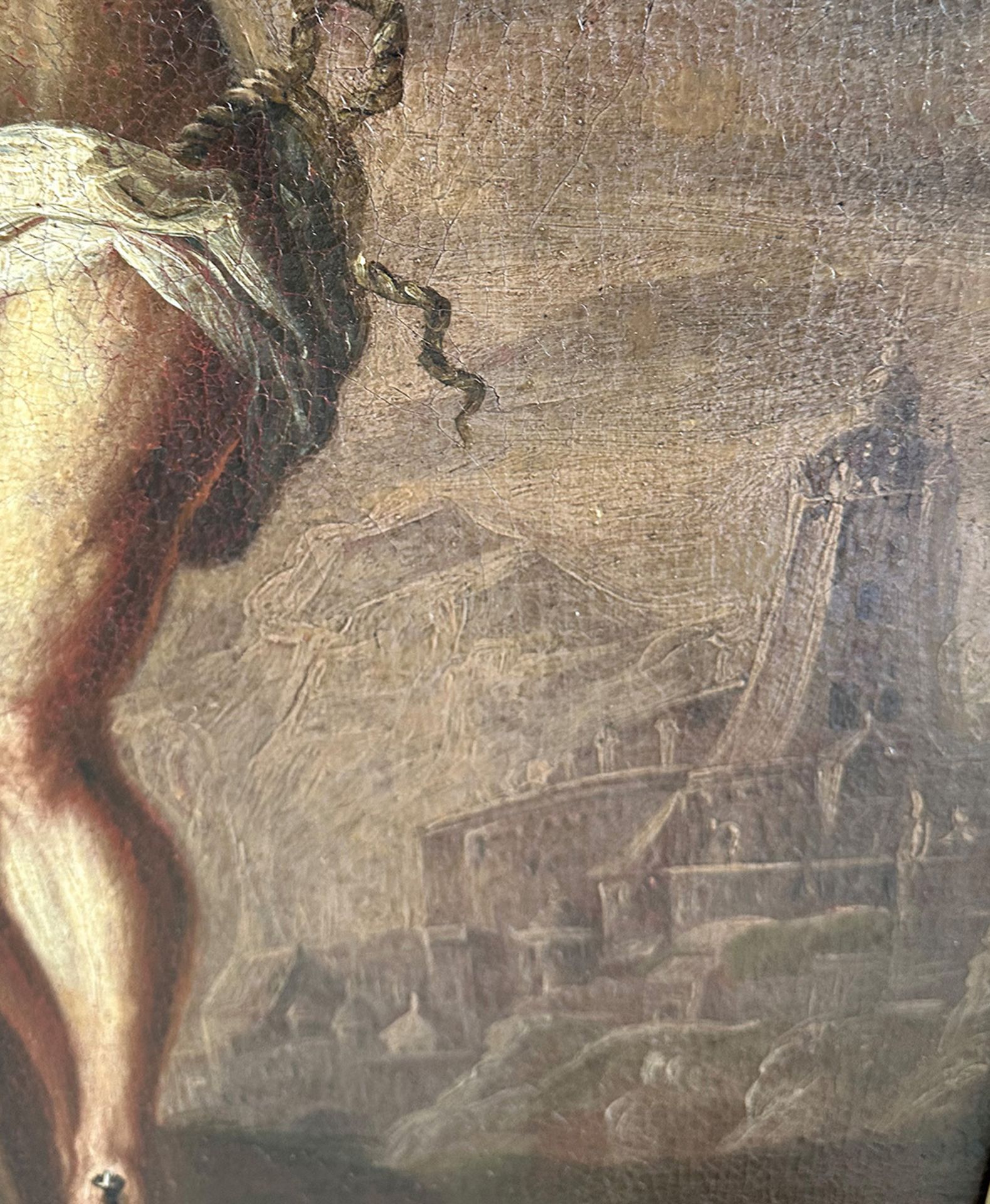Unbekannter Künstler, 18. Jh., Kreuzigung Jesu, im Hintergrund Jerusalem, (mit Restaurierungsbericht - Image 5 of 6
