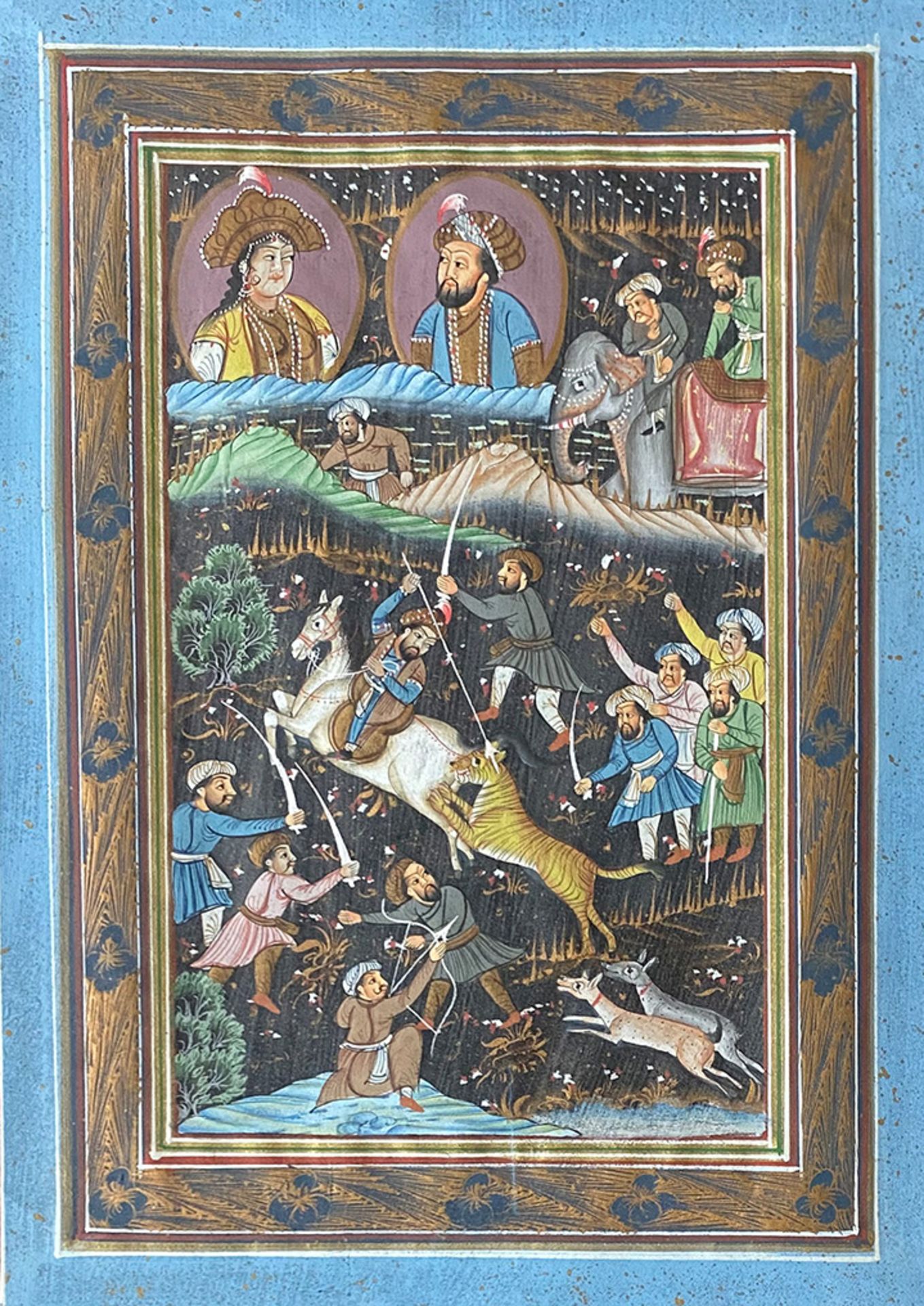 Zwei orientalische Miniaturmalereien, wohl Indien, Gouache auf Stoff: vielfigurige Tiger-Jagdszene - Bild 4 aus 5