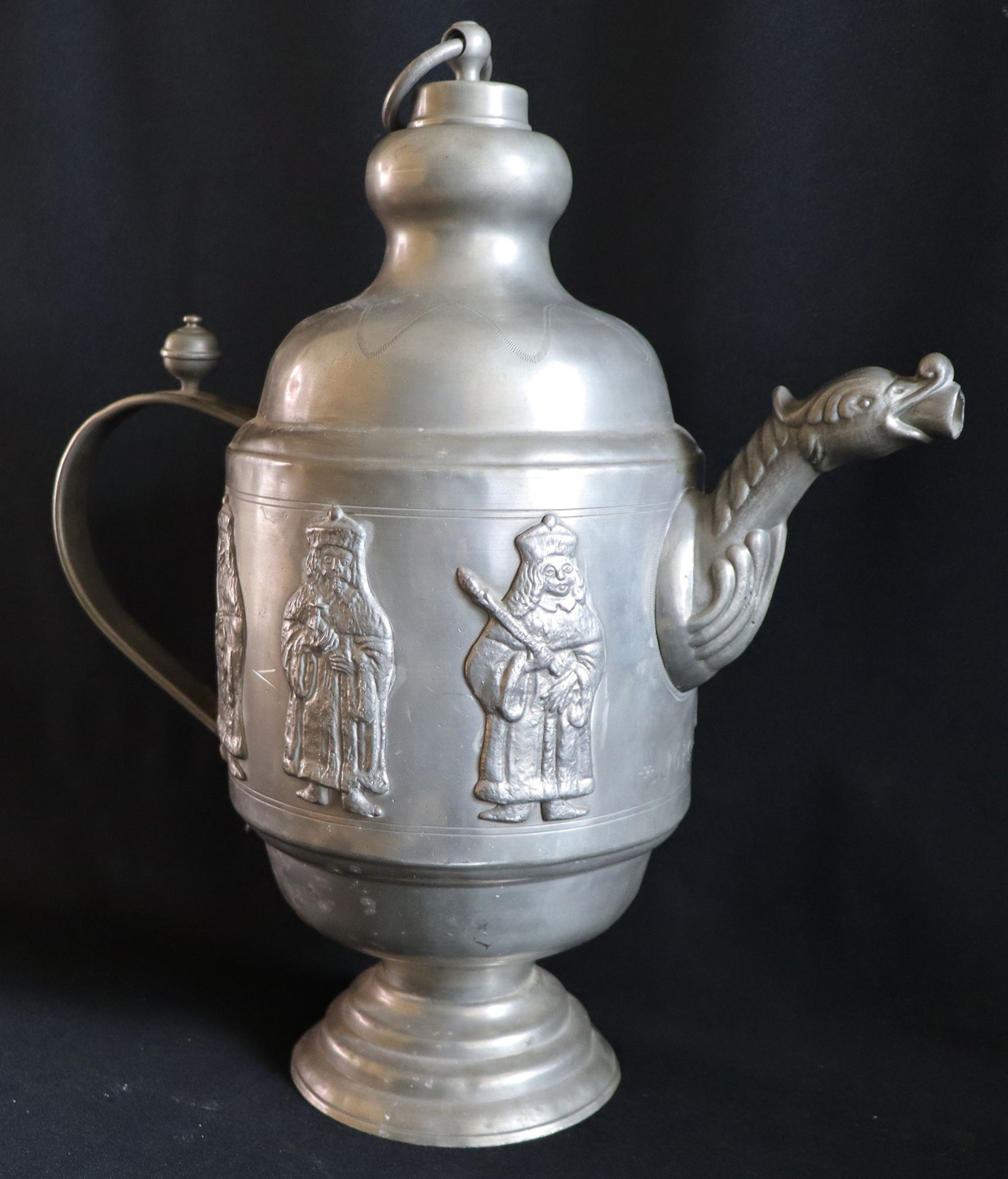 Große schwere Schraubkanne Zinn, Marken, 5,2 kg, H 50 cm / Large heavy screw jug pewter, marks, 5. - Image 8 of 10