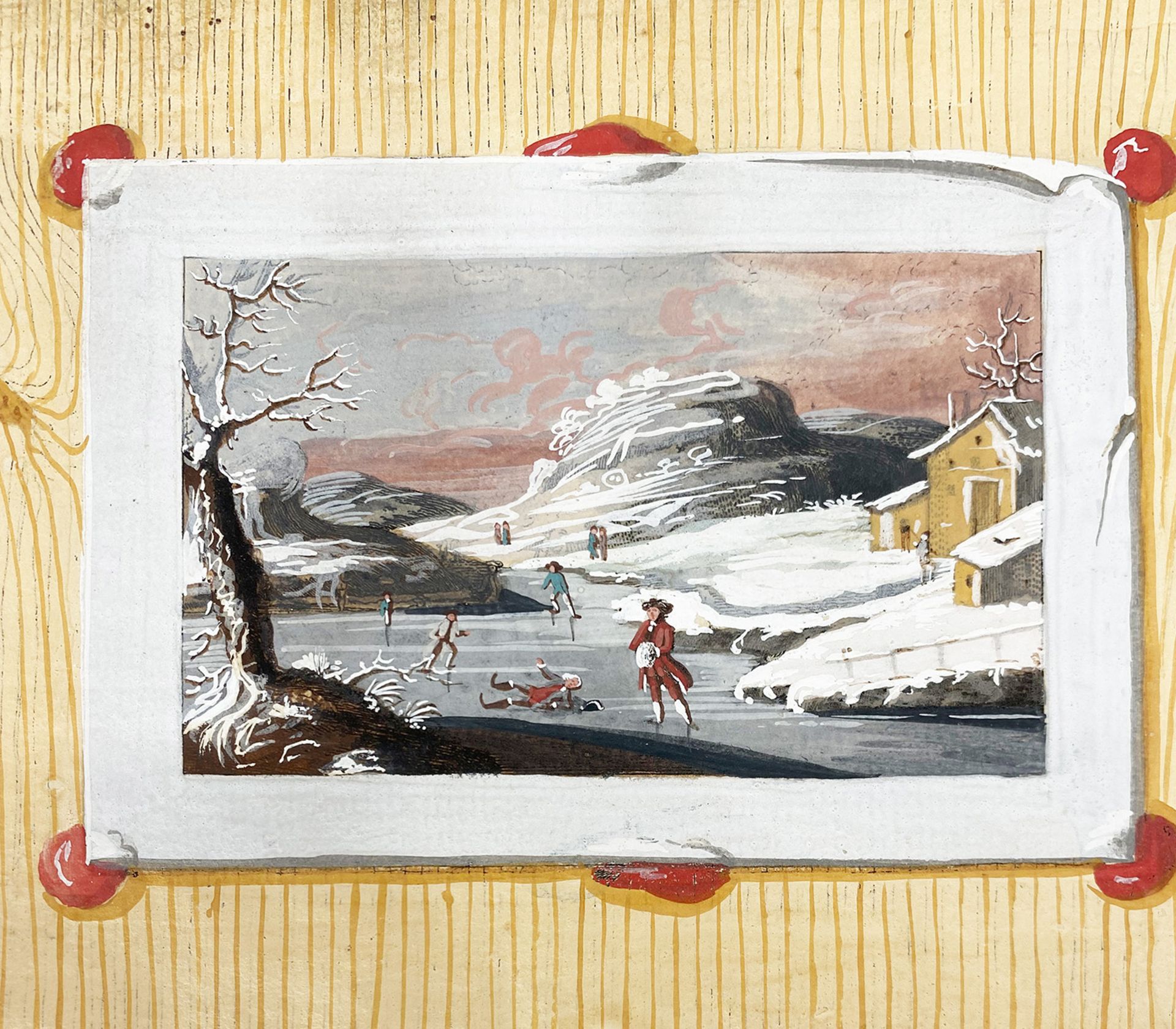 Paar kleine Landschaften, um 1900, Trompe l'oeil-Malerei, Hafenlandschaft und Winterlandschaft mit - Image 3 of 5