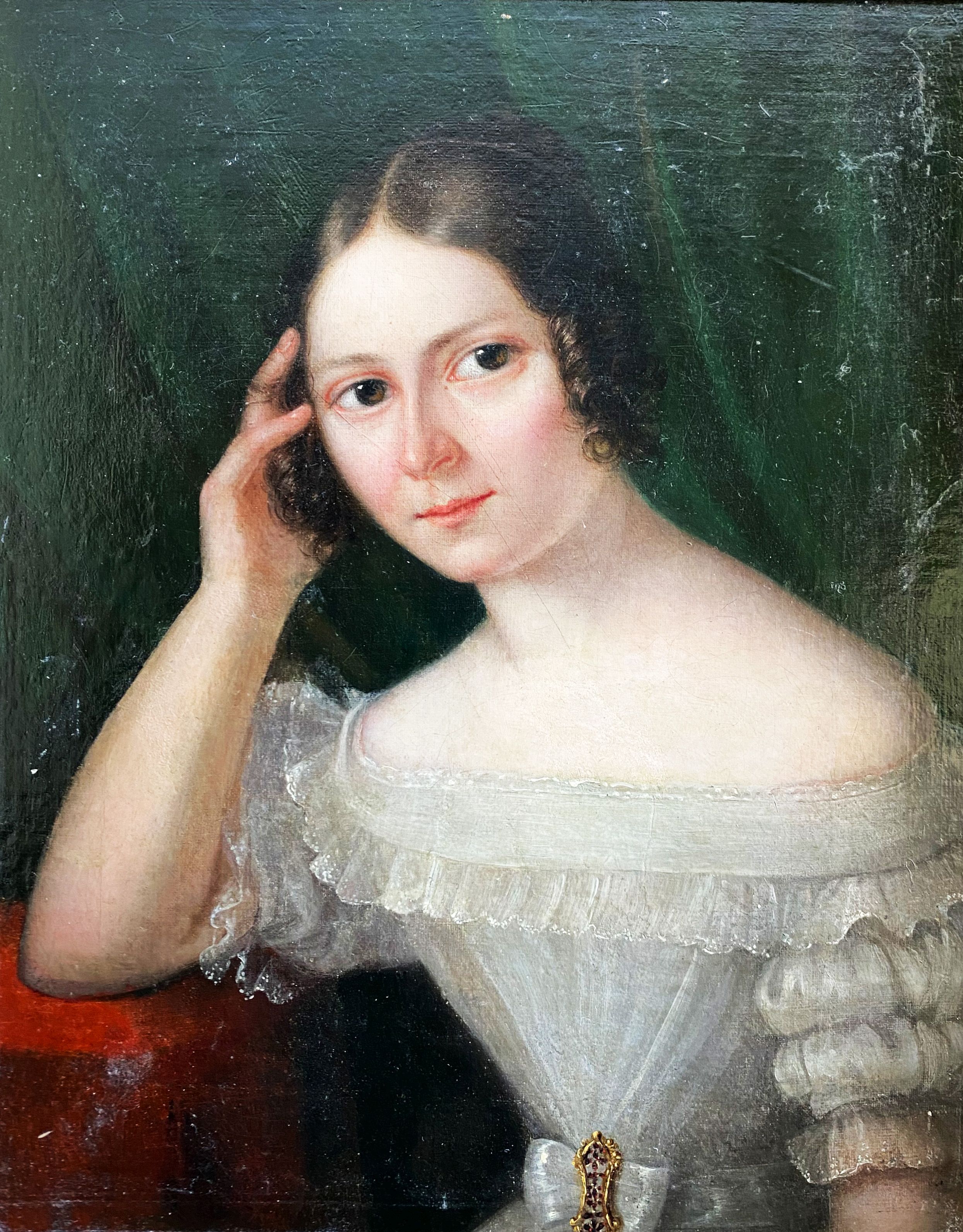 Mädchenportrait, um 1820: Halbfigurenportrait einer jungen Dame in einem weißen Kleid mit - Image 4 of 4