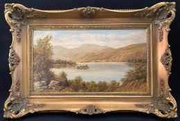 Unbekannter Künstler, 19. Jh., Bergige Landschaft mit See, signiert "F. Cox" oder "P. Cox", Öl/