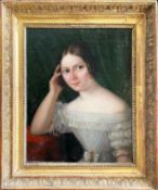 Mädchenportrait, um 1820: Halbfigurenportrait einer jungen Dame in einem weißen Kleid mit