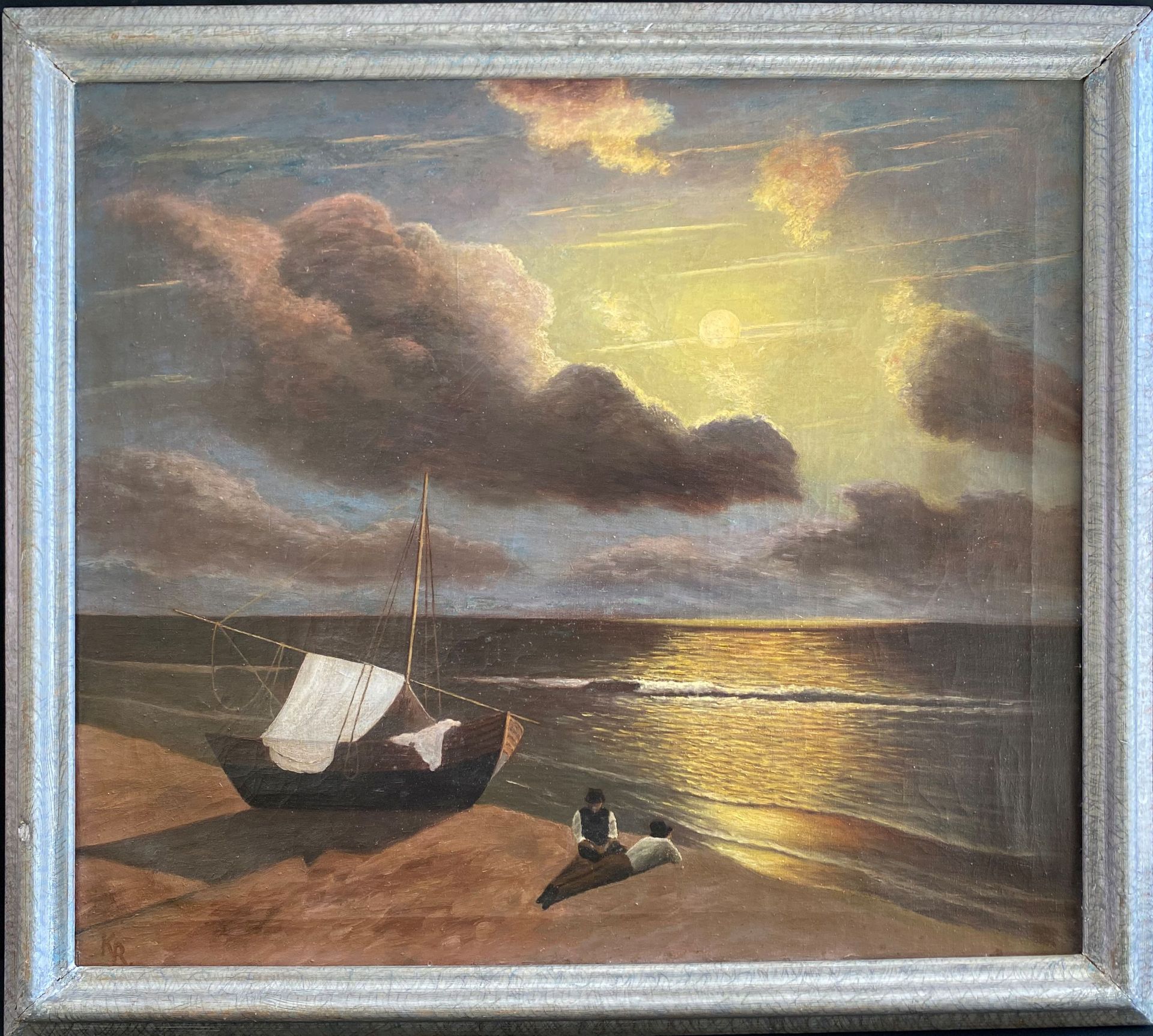 Unbekannter Künstler (1930er Jahre), Landschaft am Meer mit Fischern im Mondschein, monogrammiert - Image 3 of 4