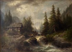 Albert Rieger (1834-1905), Landschaft mit Blockhaus am Wasserfall, umgeben von waldigem Gelände,