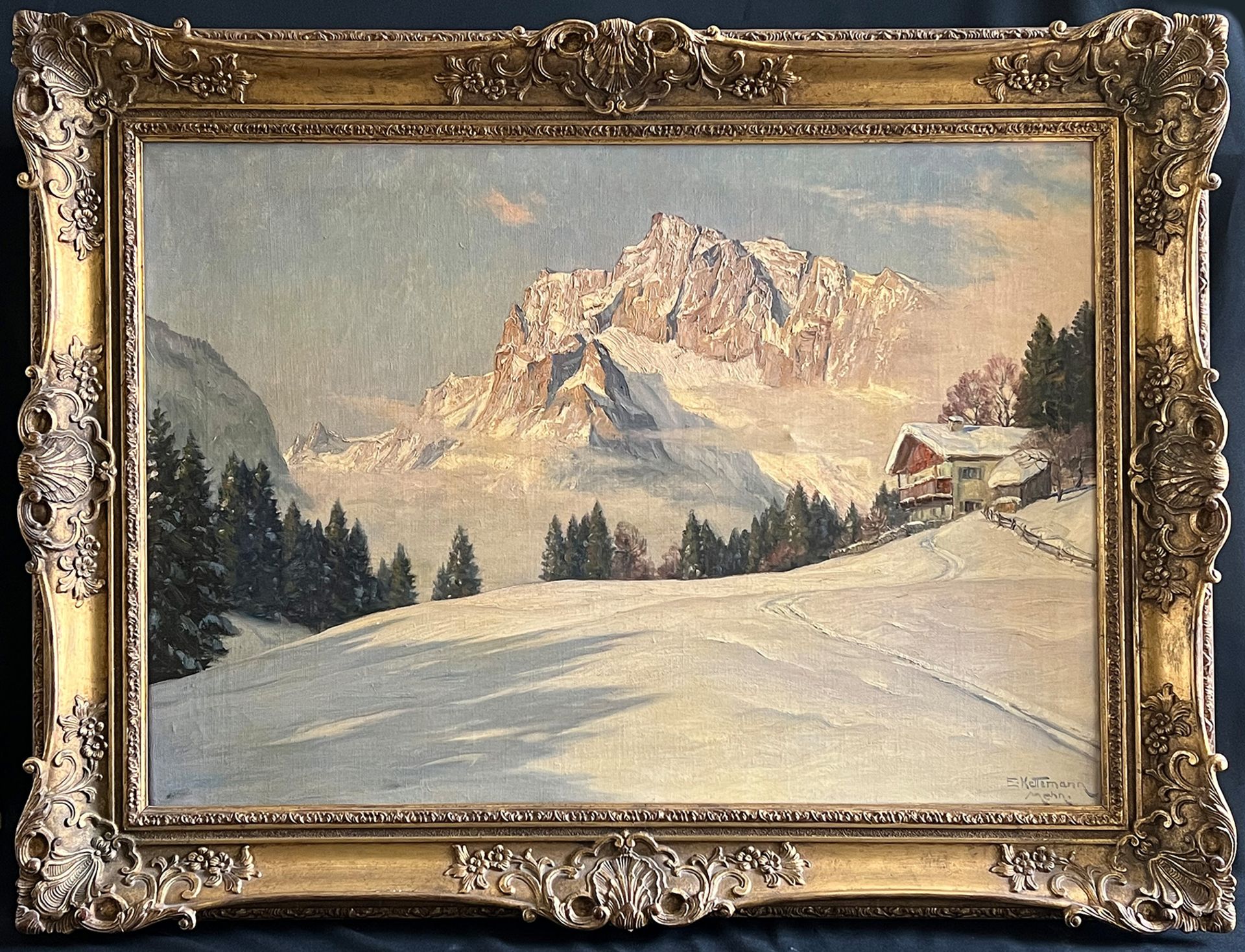 Erwin KETTEMANN (1897-1971), Winterabend in den Bergen, ein Weg durch den Schnee führt zu einer Alm, - Image 7 of 8