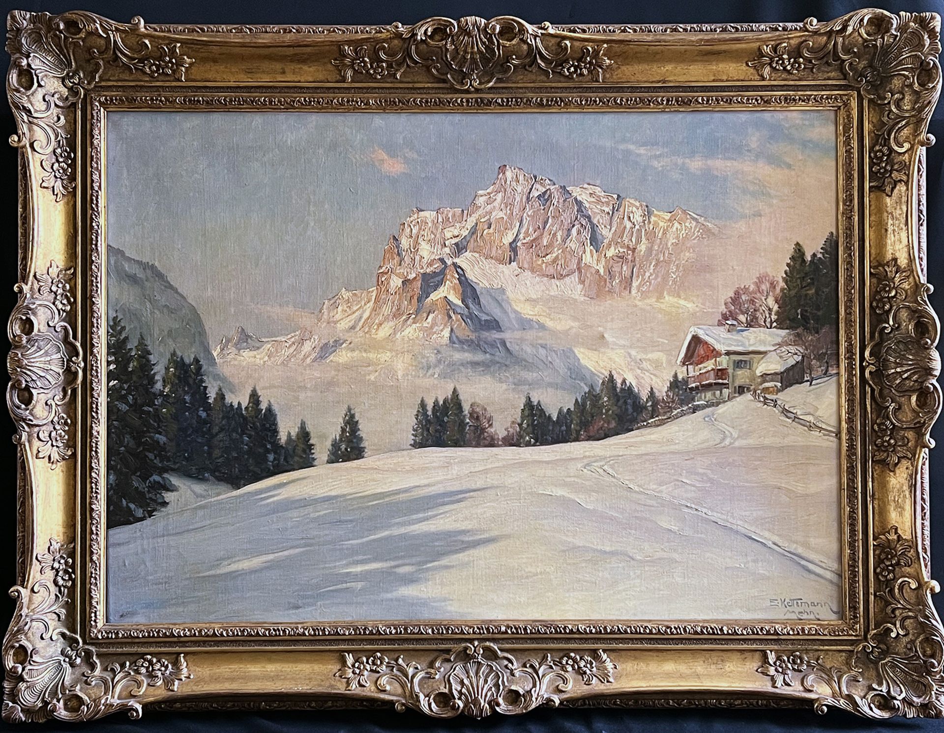 Erwin KETTEMANN (1897-1971), Winterabend in den Bergen, ein Weg durch den Schnee führt zu einer Alm, - Image 4 of 8