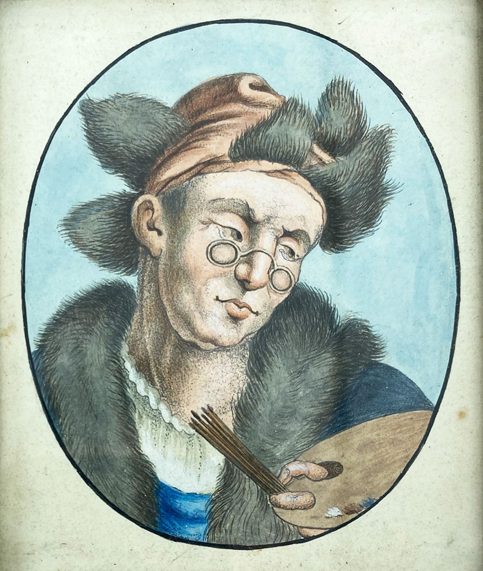 Drei kleine Portraits, 18. Jh.: Der Maler Johann Zick (1702-1762) mit Pelzkragen, Pelzmütze sowie - Image 6 of 6