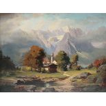 Unbekannter Künstler, Blick auf Zugspitze und Waxenstein (Wettersteingebirge), Öl auf Holzplatte, 27