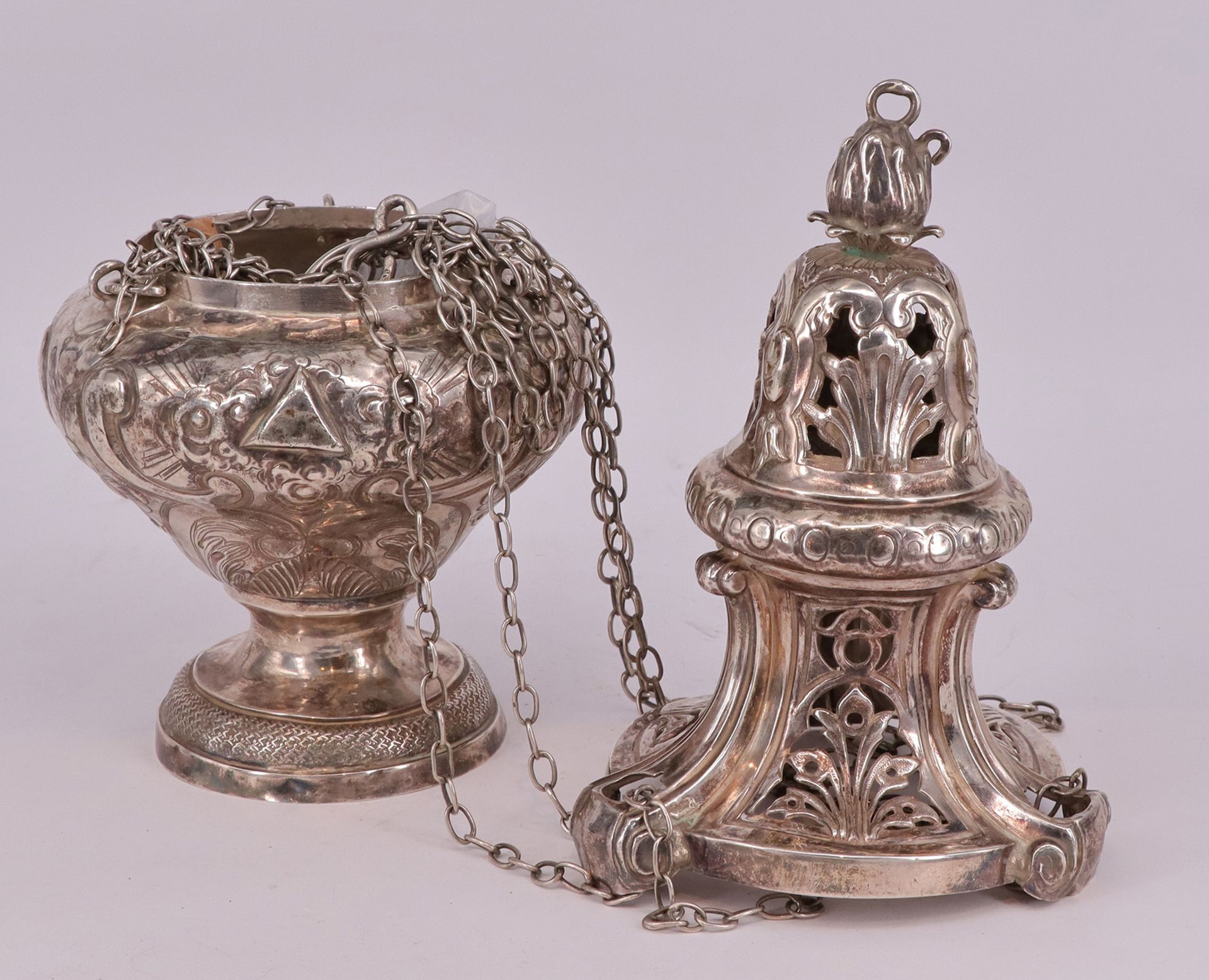 Weihrauchschwenker, Räuchergefäß, Silber, gepunzt, H 27 cm, 588gr / Incense burner, silver, - Image 2 of 5