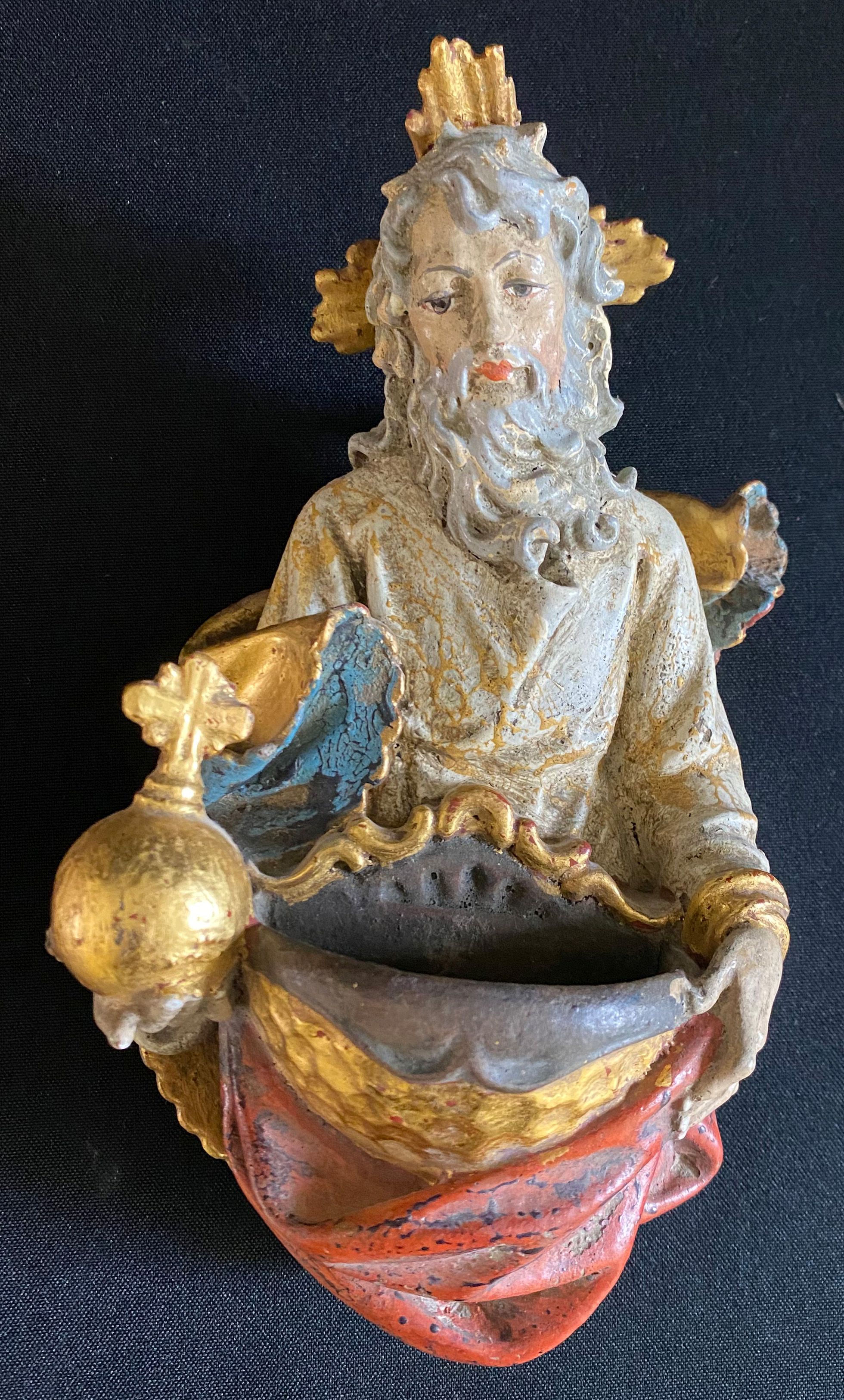 Sakrales Konvolut: Gottvater mit Weihwasserbecken, aus Holz geschnitzt, farbig gefasst und teils - Image 6 of 7