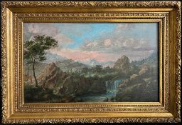 Unbekannter Künstler, 19. Jh., Berglandschaft mit Flußlauf und felsigen Anhöhen, links im Bild