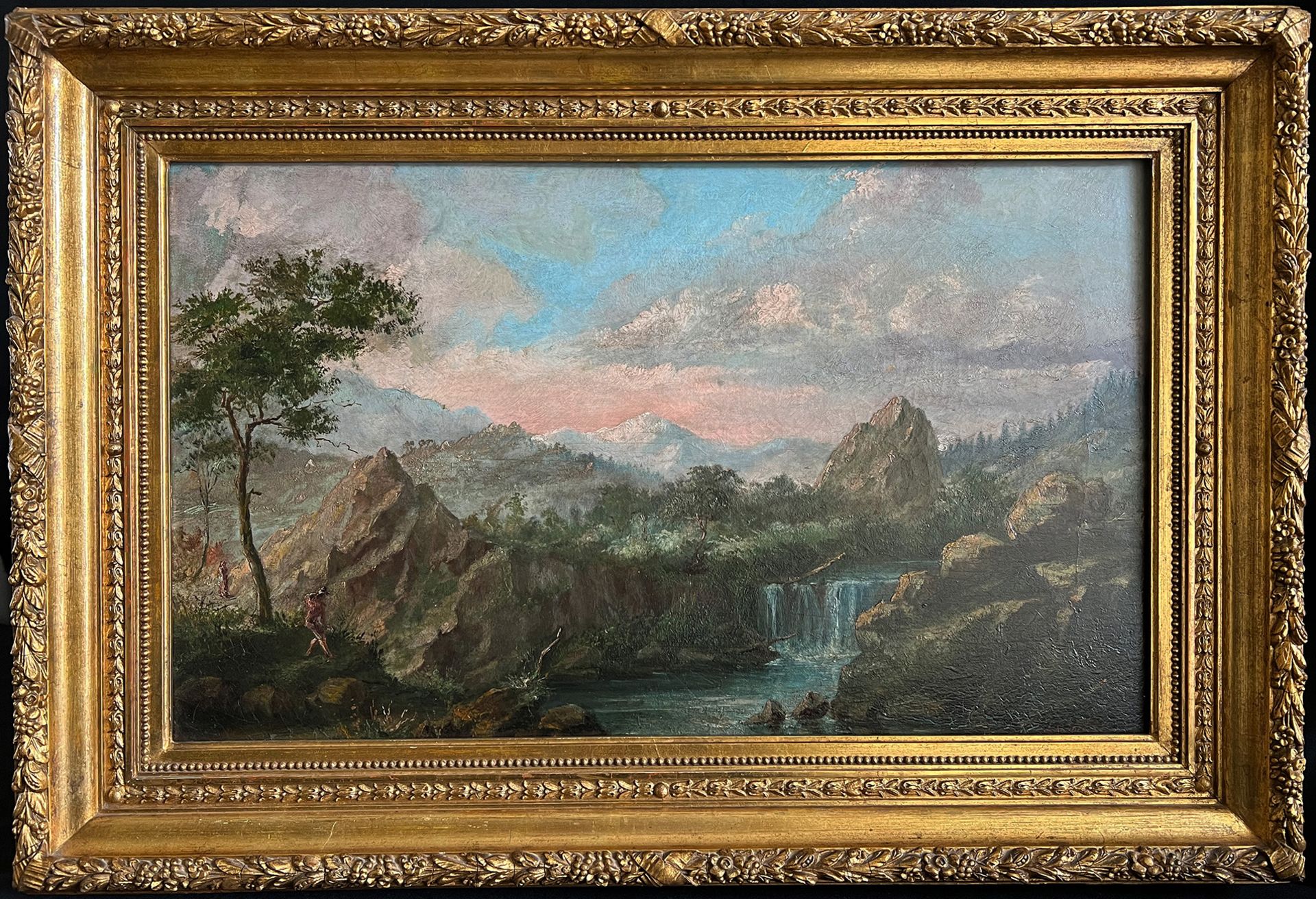 Unbekannter Künstler, 19. Jh., Berglandschaft mit Flußlauf und felsigen Anhöhen, links im Bild