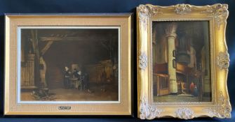 Paar Interieurs: Unbekannter Künstler, 19. Jh., Kircheninnenraum mit zwei Rückenfiguren in rotem und