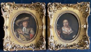 Paar ovale Portraits, 17./18. Jh., Herr mit Pfeife und Schlapphut und Dame mit Römer in der Hand,