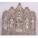 Silberrelief, 19. Jh., Maria mit Kind umgeben von Markus, Johannes, Antonius von Padua und Petrus.