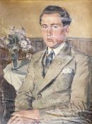 Herrenportrait, Brustbild eines jungen Mannes vor einem Tisch mit Blumenstrauß, Öl/Lwd. 75 x 54