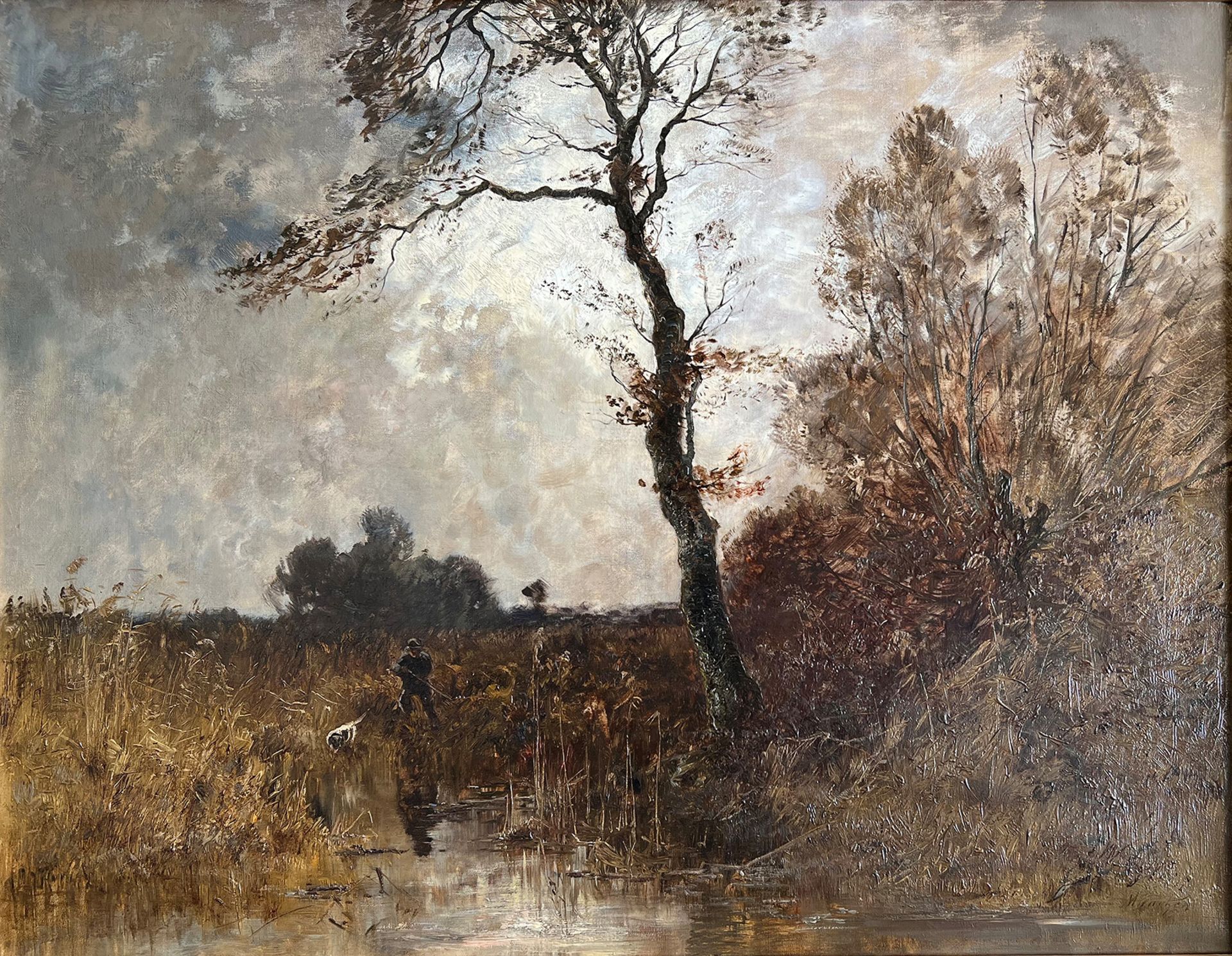 Josef Wenglein (1845 - 1919), Landschaft mit Jäger und Hund am Weiher auf der Pirsch, signiert, Öl/ - Bild 4 aus 6