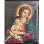 Madonna, 19. Jh., Muttergottes mit dem Jesuskind auf dem Schoß vor dunklem Hintergrund, Öl/Lwd. 80 x