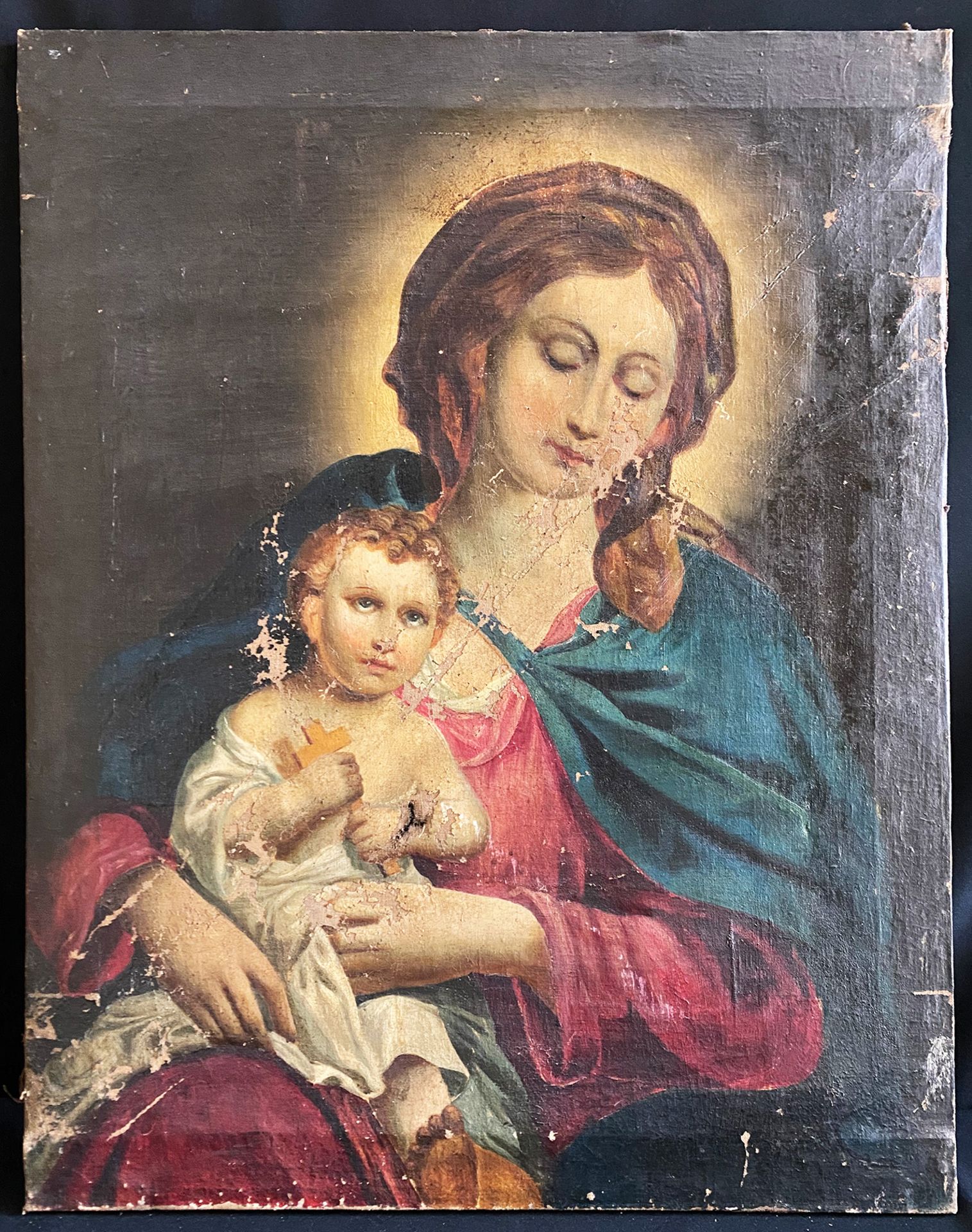 Madonna, 19. Jh., Muttergottes mit dem Jesuskind auf dem Schoß vor dunklem Hintergrund, Öl/Lwd. 80 x