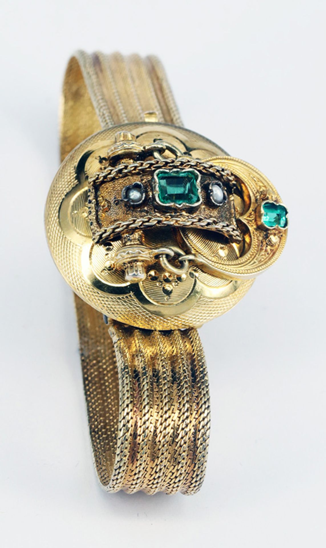 3 Schmuckstücke: Armband, um 1860, 585er GG (geprüft), mit Schließe in Form einer Gürtelschnalle, - Bild 2 aus 8