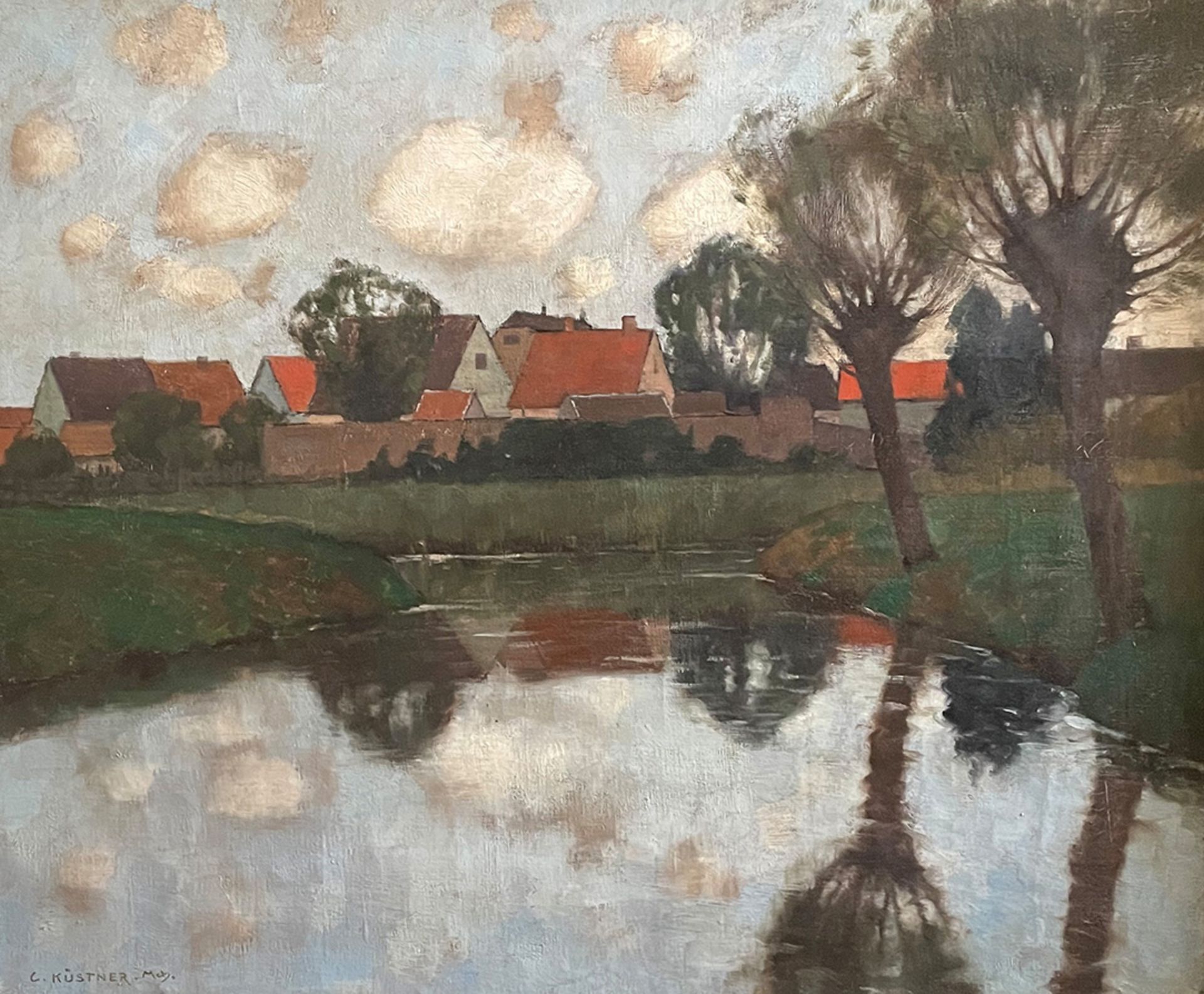 Karl Küstner (1861-1934). Dorf am Fluss. Signiert, Öl/Lwd, 50 x 60 cm