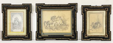 3 Zeichnungen mit Pferden, Ritter und Burgfräulein sowie einer Jagd / 3 drawings of horses, a