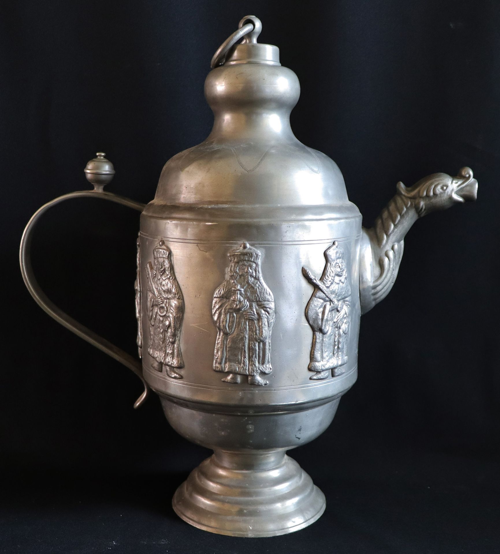 Große schwere Schraubkanne Zinn, Marken, 5,2 kg, H 50 cm / Large heavy screw jug pewter, marks, 5.