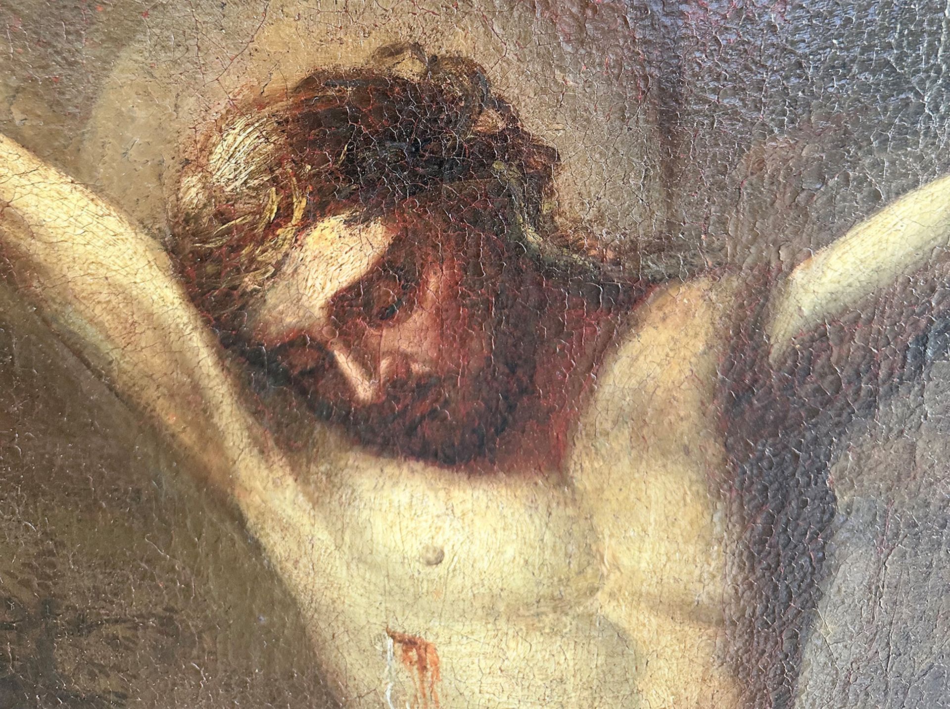 Unbekannter Künstler, 18. Jh., Kreuzigung Jesu, im Hintergrund Jerusalem, (mit Restaurierungsbericht - Image 4 of 6