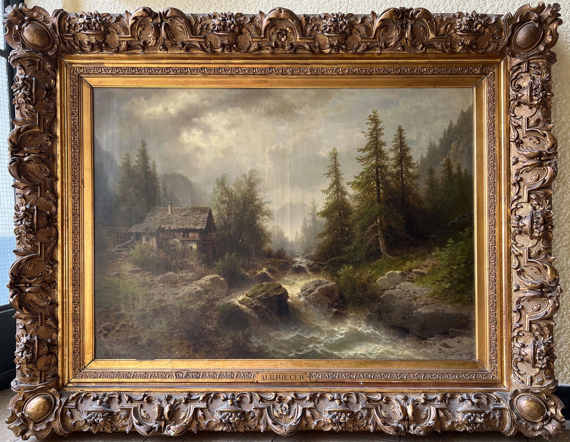 Albert Rieger (1834-1905), Landschaft mit Blockhaus am Wasserfall, umgeben von waldigem Gelände, - Bild 3 aus 5