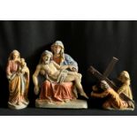 Konvolut aus drei Figuren, Holz, Steinguss, Altersspuren/ collection of three figures, wood, cast