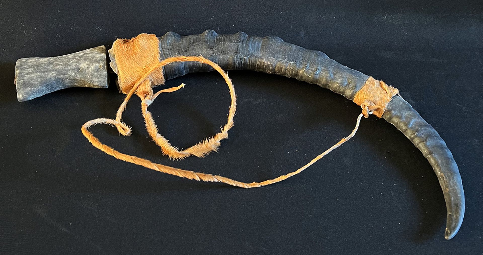Alter Krummdolch mit Scheide aus dem Horn von einem Steinbock, Altersspuren, L ca 55 cm