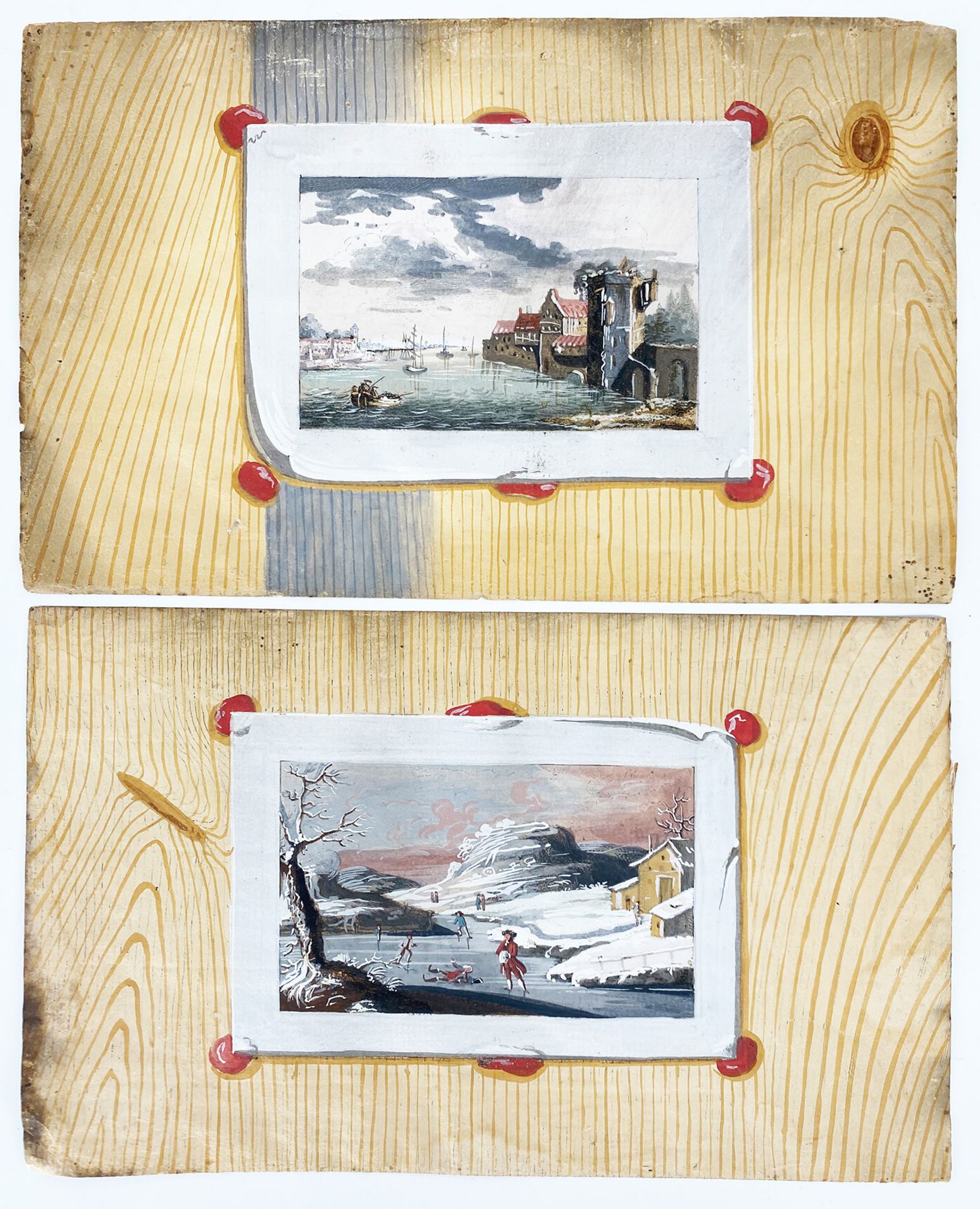 Paar kleine Landschaften, um 1900, Trompe l'oeil-Malerei, Hafenlandschaft und Winterlandschaft mit