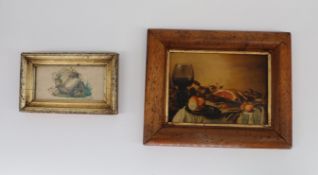 Adriaen Huygens. Stillleben mit Weinglas, Schinken und Früchten, Öl auf Platte, 16 x 21 cm (