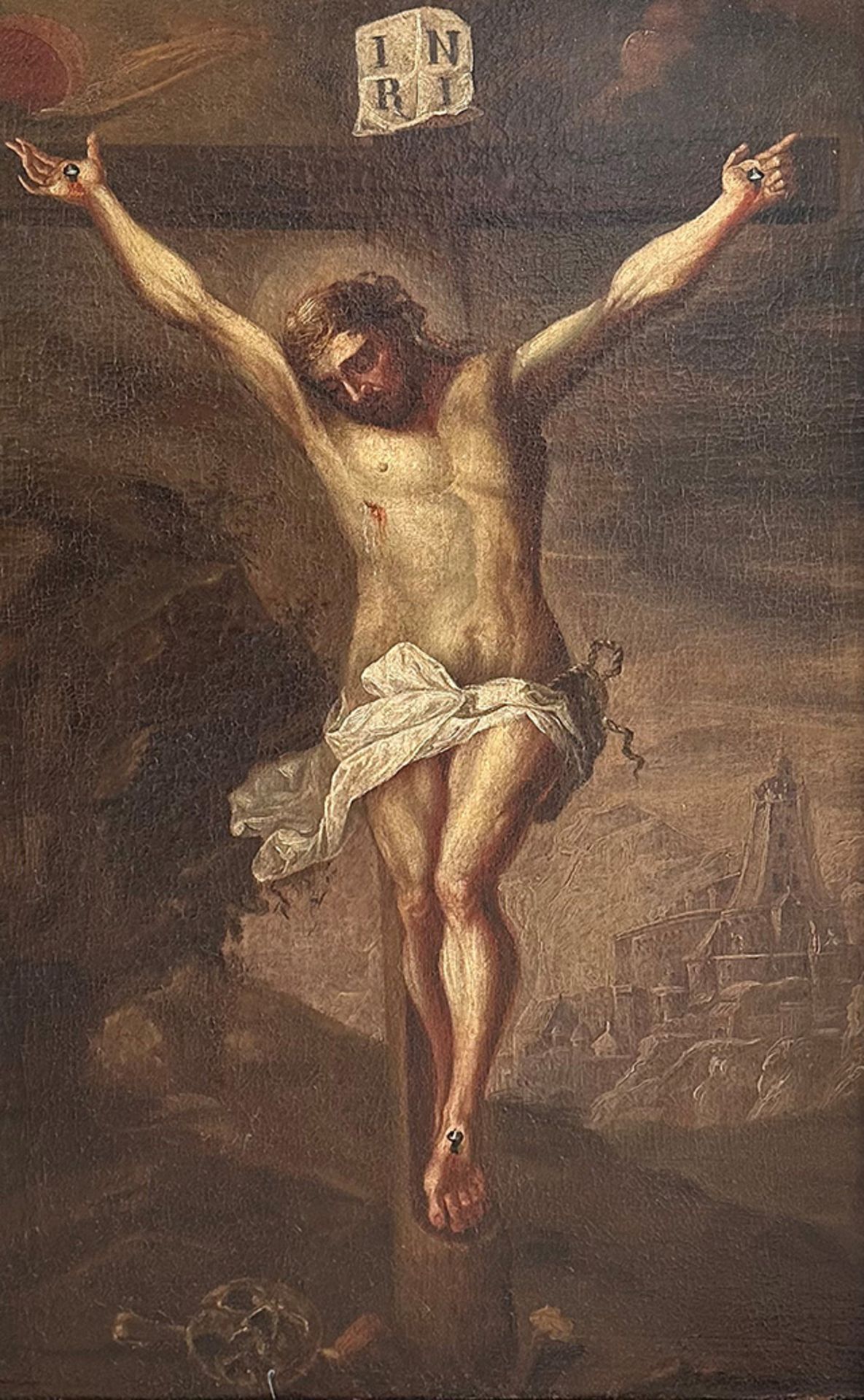 Unbekannter Künstler, 18. Jh., Kreuzigung Jesu, im Hintergrund Jerusalem, (mit Restaurierungsbericht