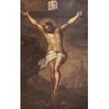 Unbekannter Künstler, 18. Jh., Kreuzigung Jesu, im Hintergrund Jerusalem, (mit Restaurierungsbericht