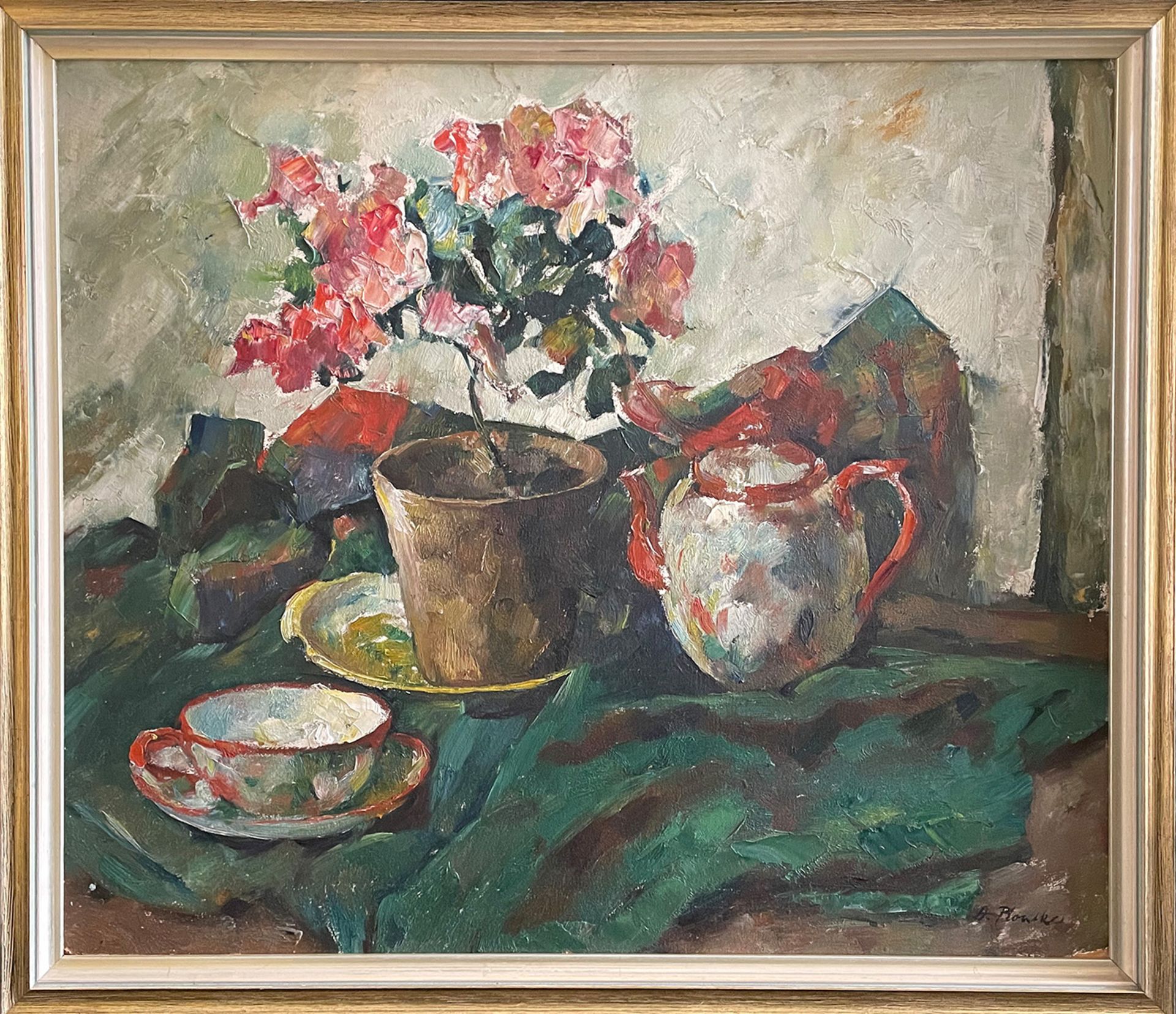 Anna Plontke (1890-1930). Blumenstillleben mit Teekanne und Tasse. Signiert, Öl auf Platte, 54 x - Bild 3 aus 4