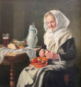 Hans Almer, 1. Hälfte 20. Jh., Alte Frau in einer Stube beim Äpfel schälen, neben ihr auf einem