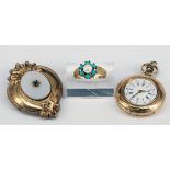 3 Schmuckstücke: Ring mit Perle und Türkisen, 333er GG, RG57, 2,7 g; Damentaschenuhr, 585er Roségold