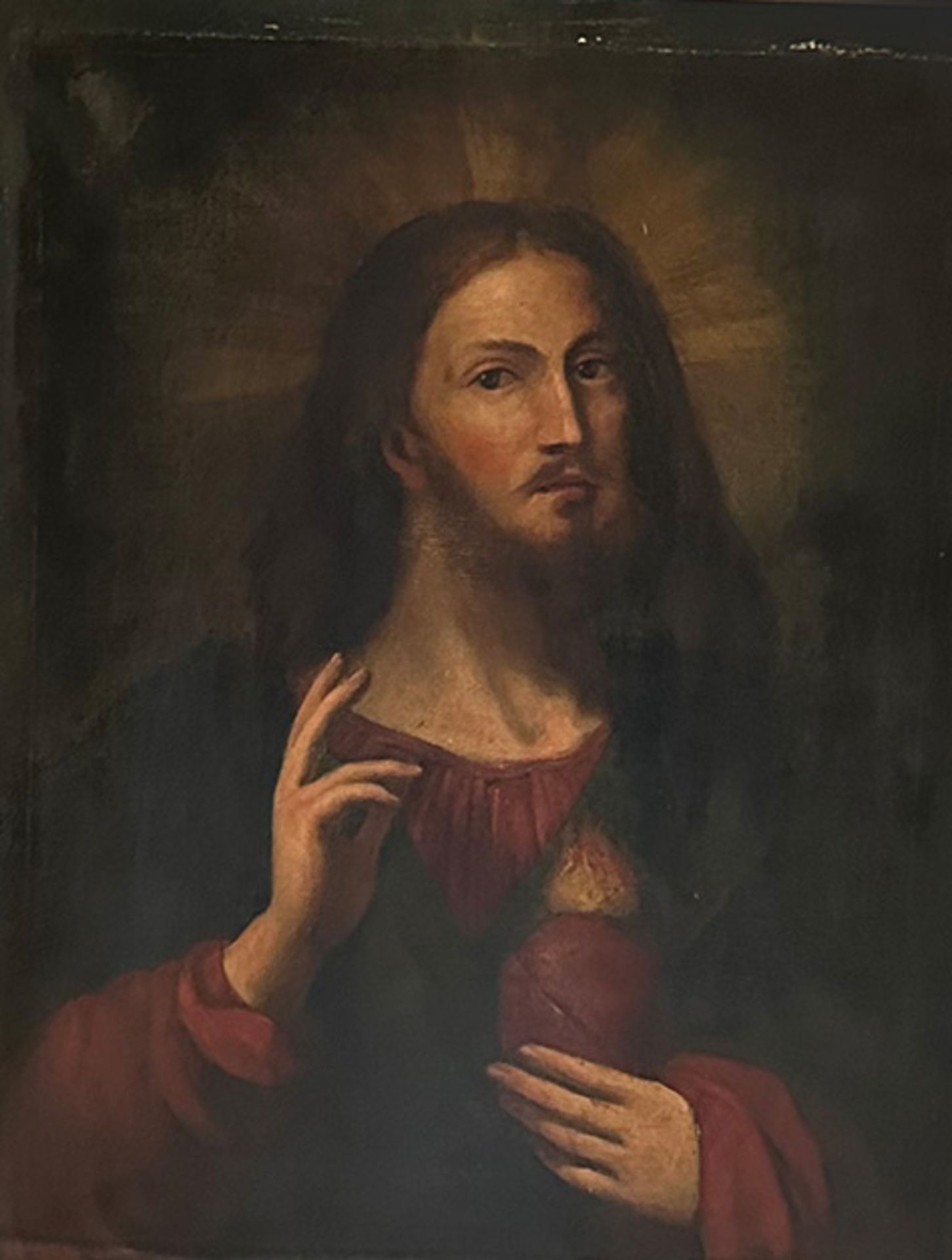 Unbekannter Künstler, Andachtsbild, 19. Jh., Jesus mit flammenden Herzen, Öl/Lwd, Altersspuren, 82 x - Image 3 of 4