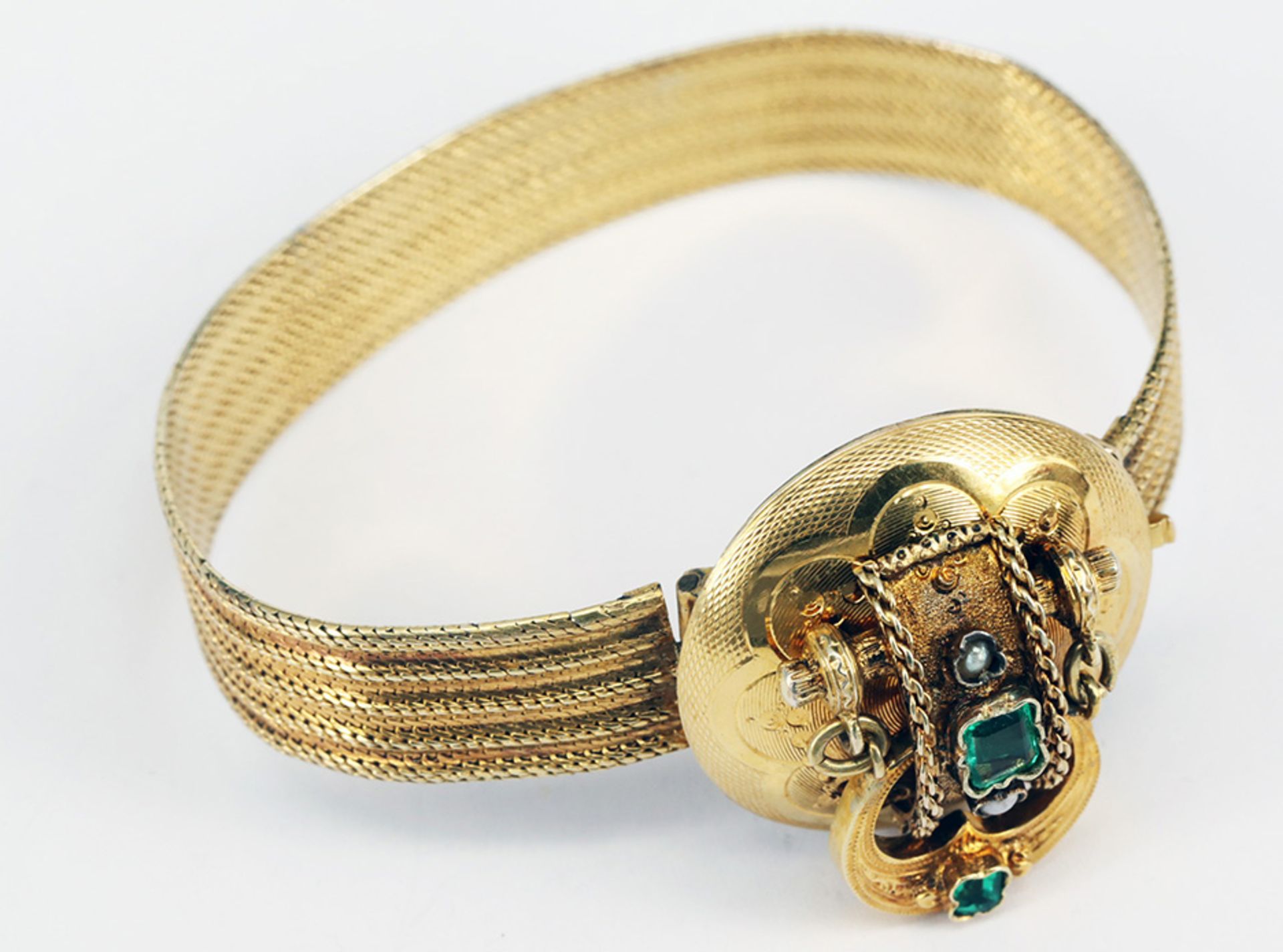 3 Schmuckstücke: Armband, um 1860, 585er GG (geprüft), mit Schließe in Form einer Gürtelschnalle, - Bild 7 aus 8