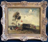 Ungarischer Maler, Anfang 20. Jh., sommerliche Landschaft mit zwei Bäuerinnen und einem Bauern bei