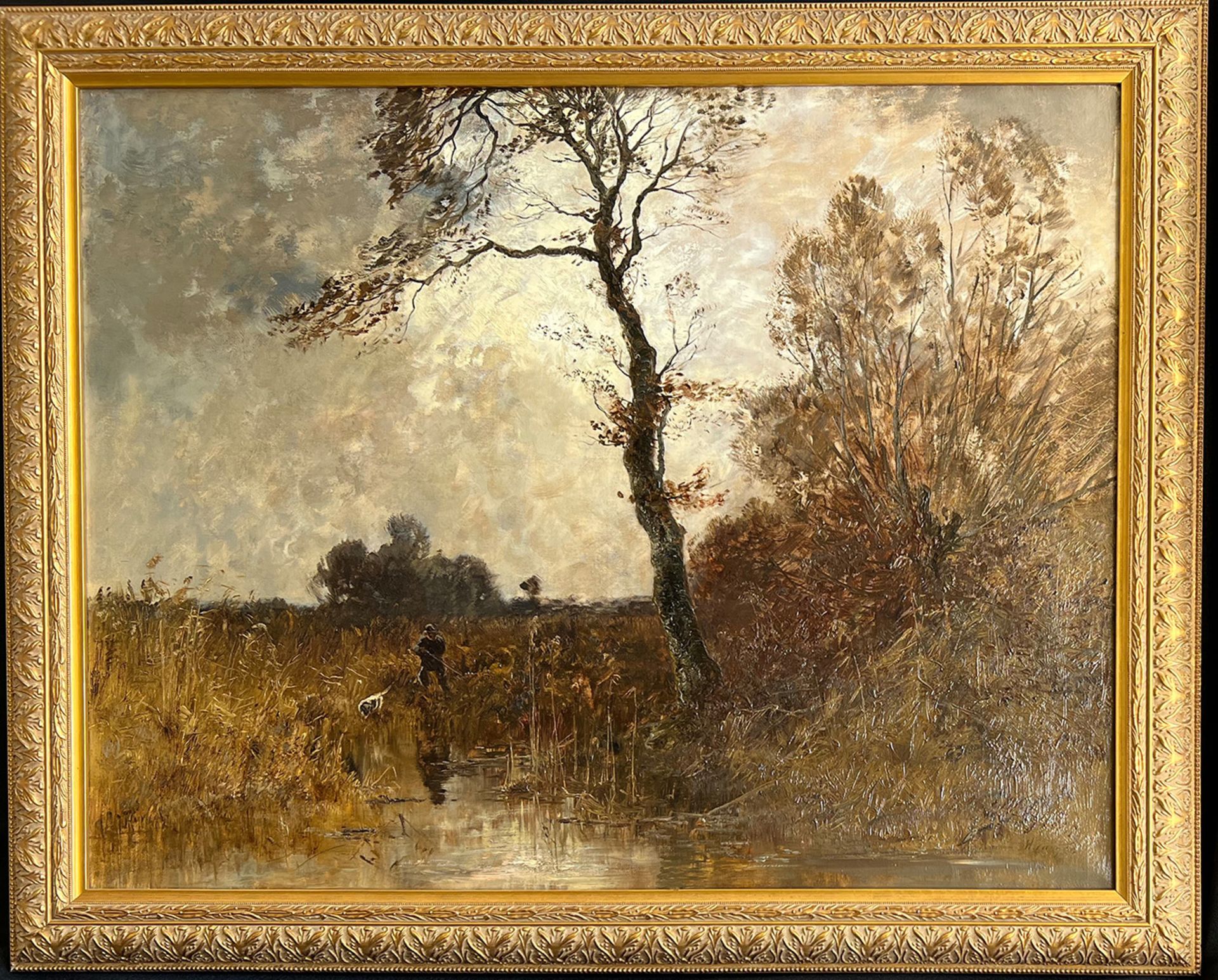 Josef Wenglein (1845 - 1919), Landschaft mit Jäger und Hund am Weiher auf der Pirsch, signiert, Öl/