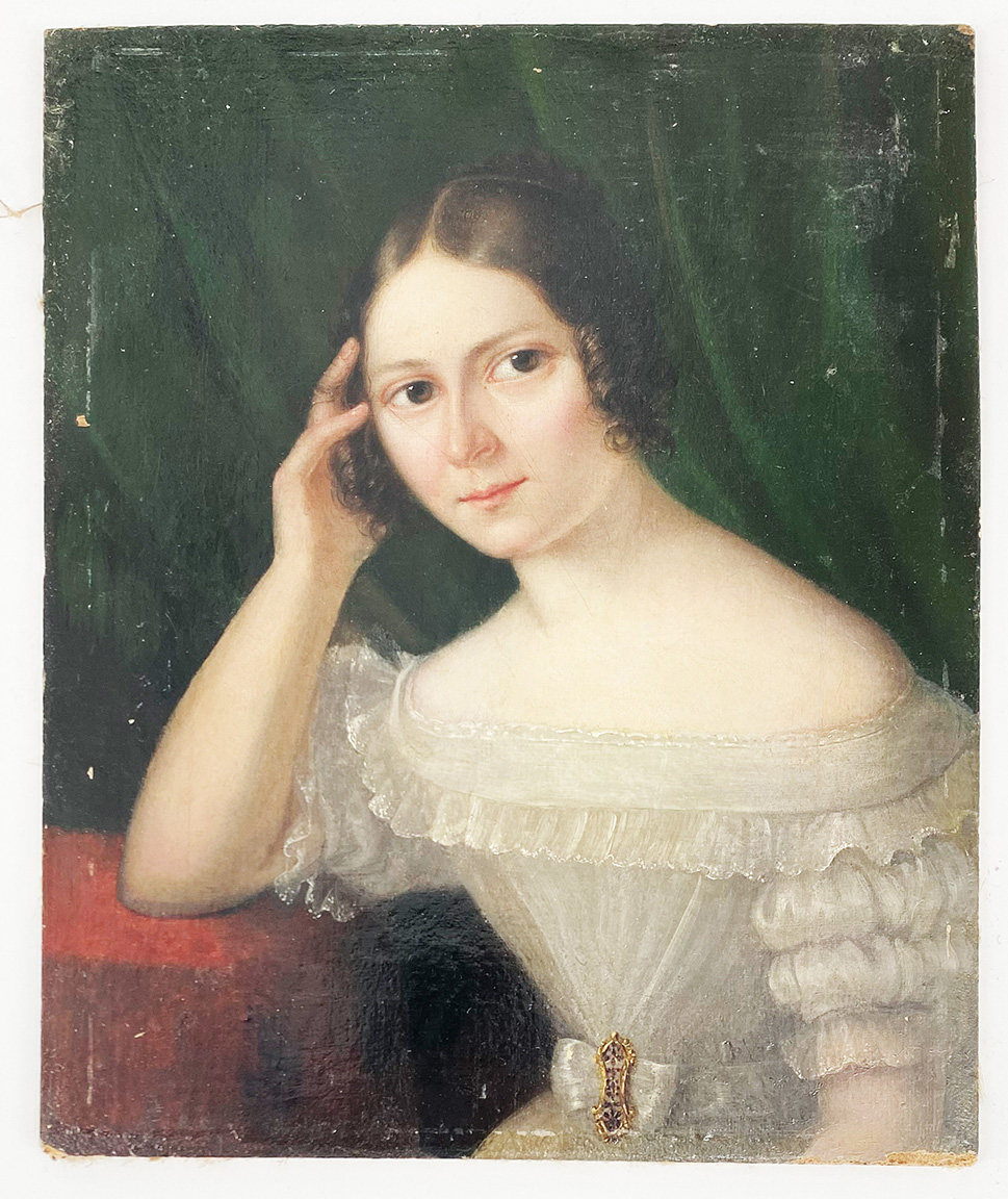 Mädchenportrait, um 1820: Halbfigurenportrait einer jungen Dame in einem weißen Kleid mit - Image 3 of 4